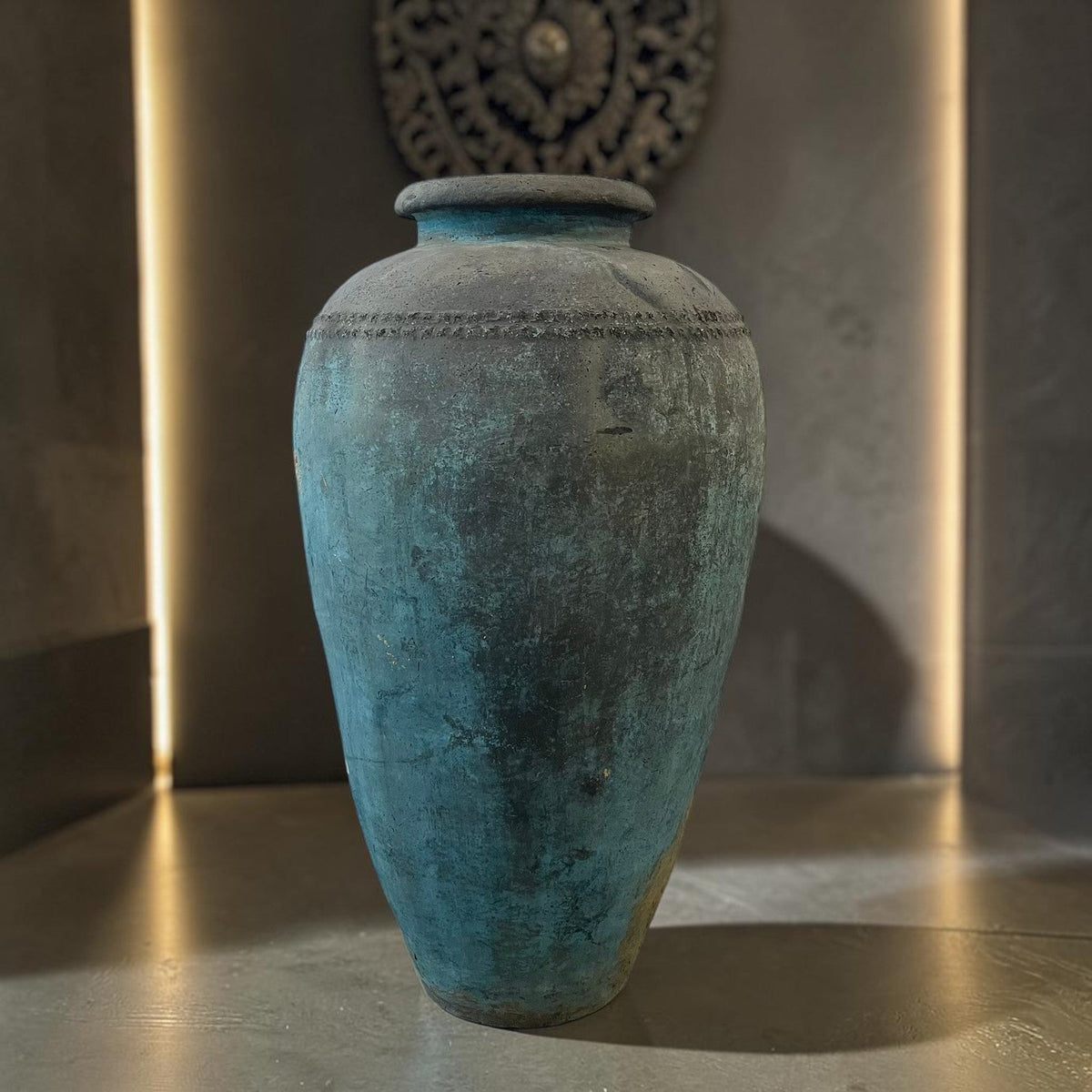 Blue patina handcrafted terracotta pot, India Vintage Decor