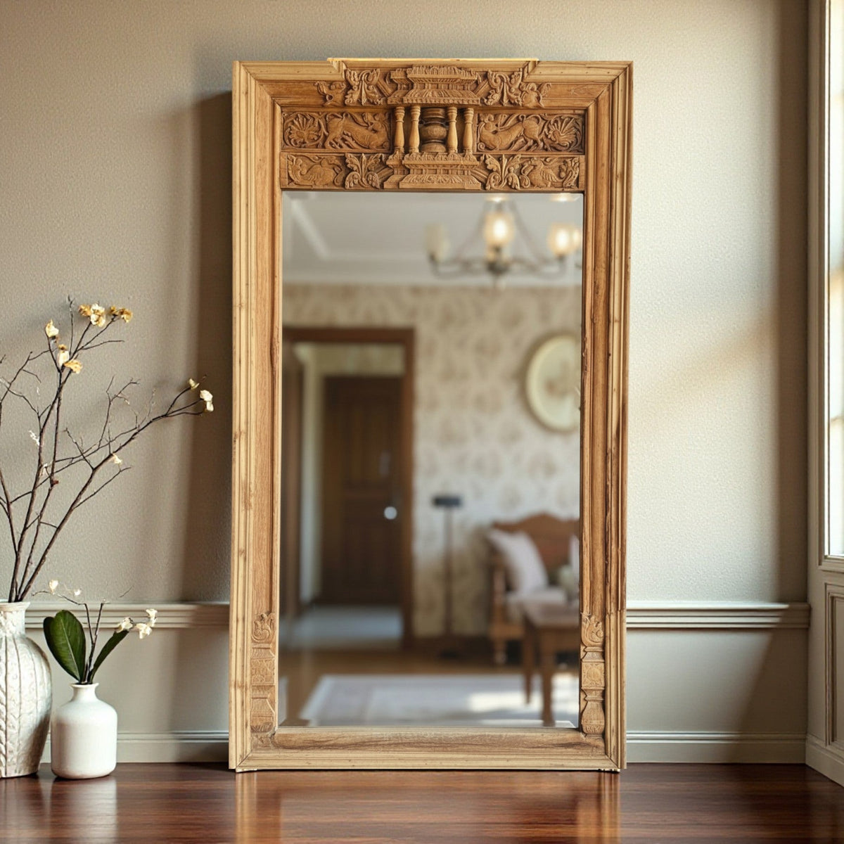 100+ Years Old Hand-Carved Antique Wooden Mirror Frame – A Rare Heritage Masterpiece