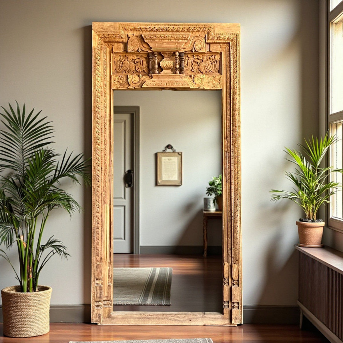 Premium South Indian Hand-Carved Wooden Mirror Frame