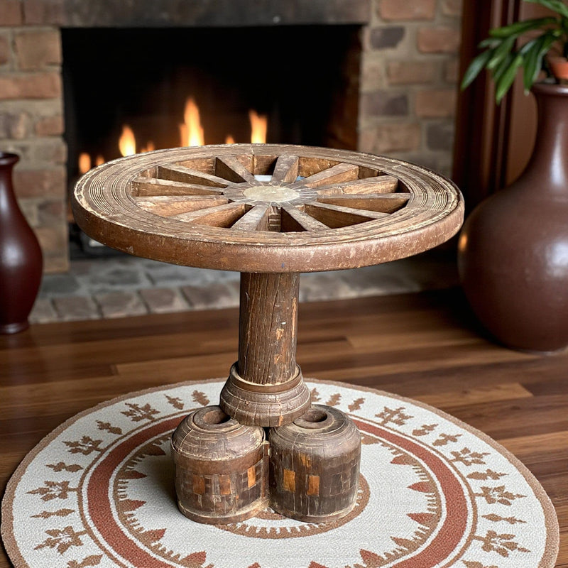 Handcrafted Vintage Wheel Table – A Timeless Rustic Statement for Your Home