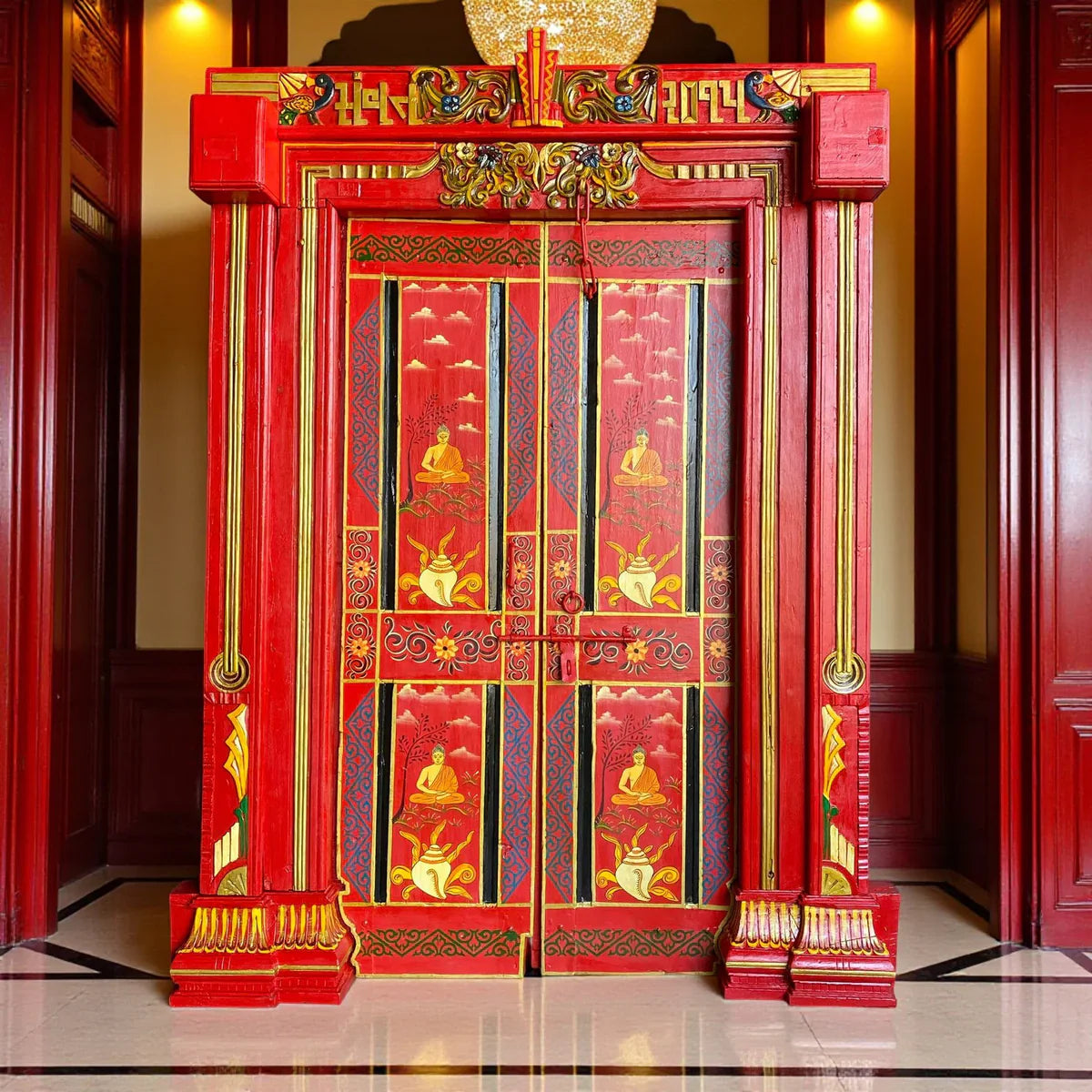 Handcrafted Red Antique Temple Door – A Statement of Culture &amp; Luxury