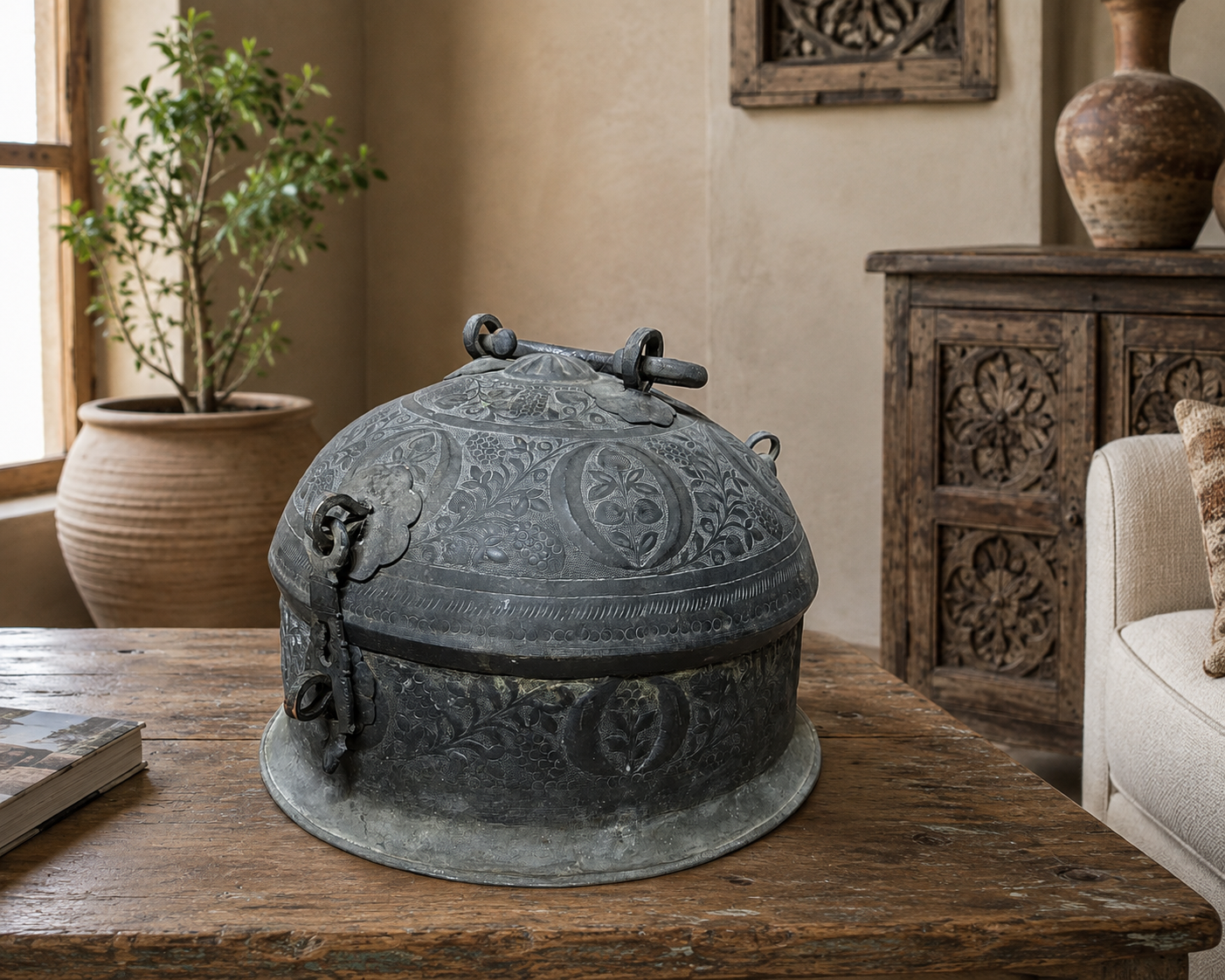 Where can I display an antique copper pot?