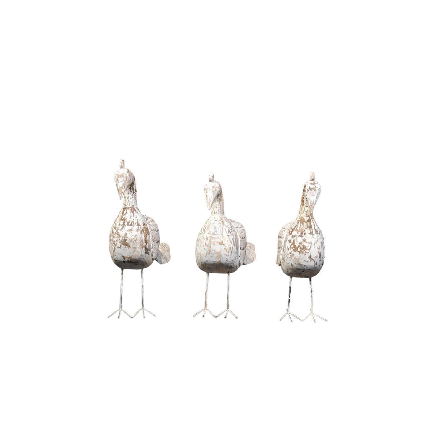 Three decorative bird figures on stand against a white background