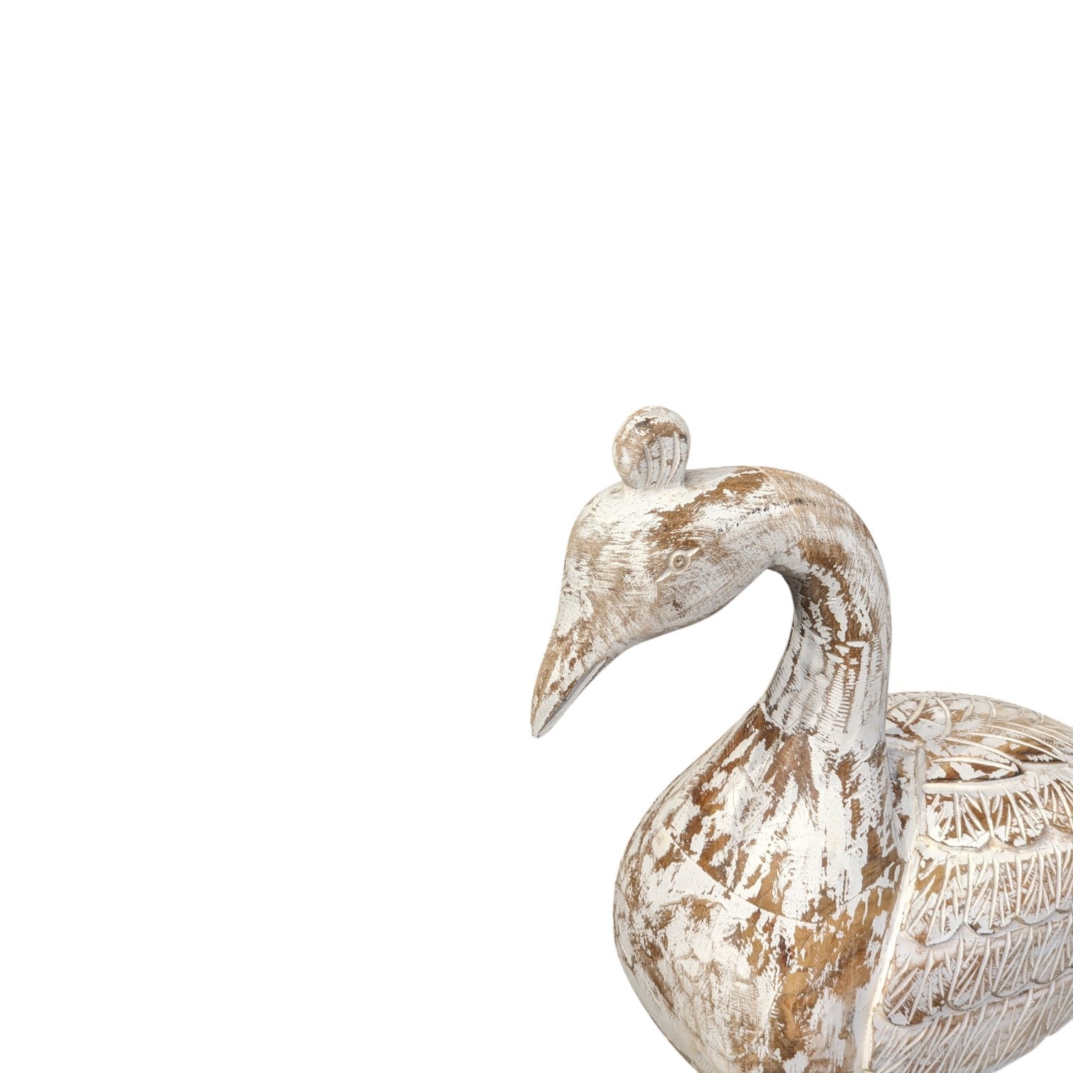 Decorative goose figure with a rustic finish on a white background
