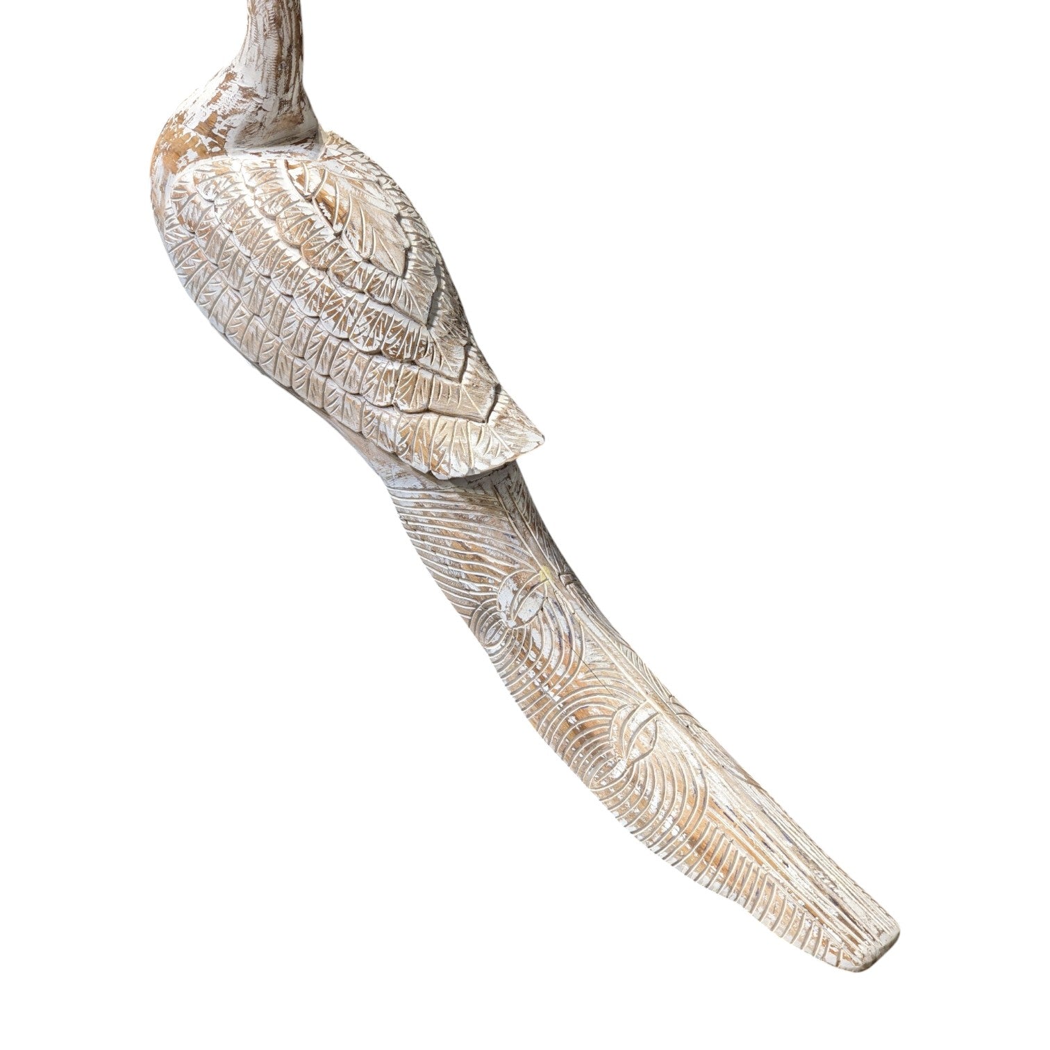 Decorative bird sculpture with detailed feathers on a white background