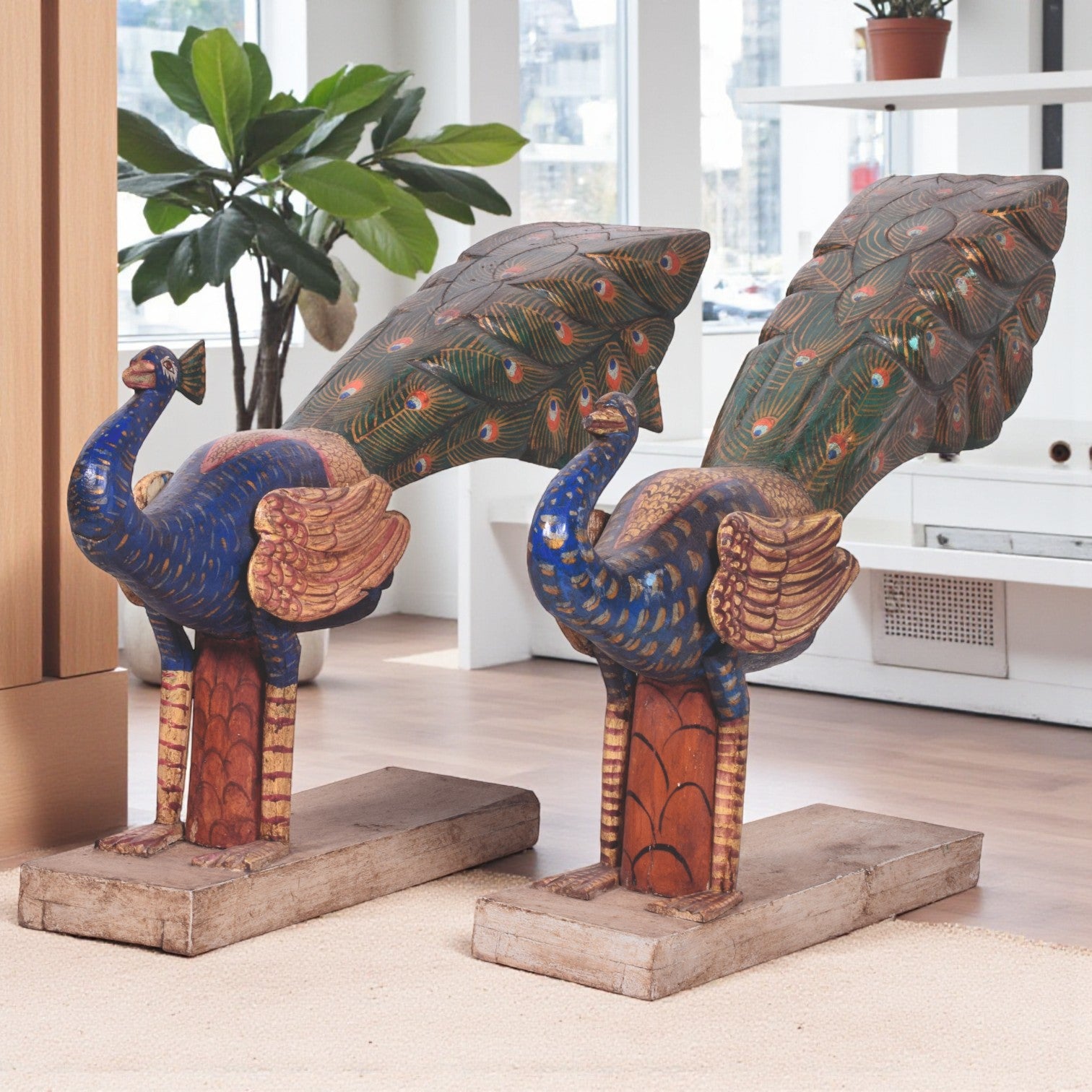 WOODEN HAND PAINTED PEACOCK