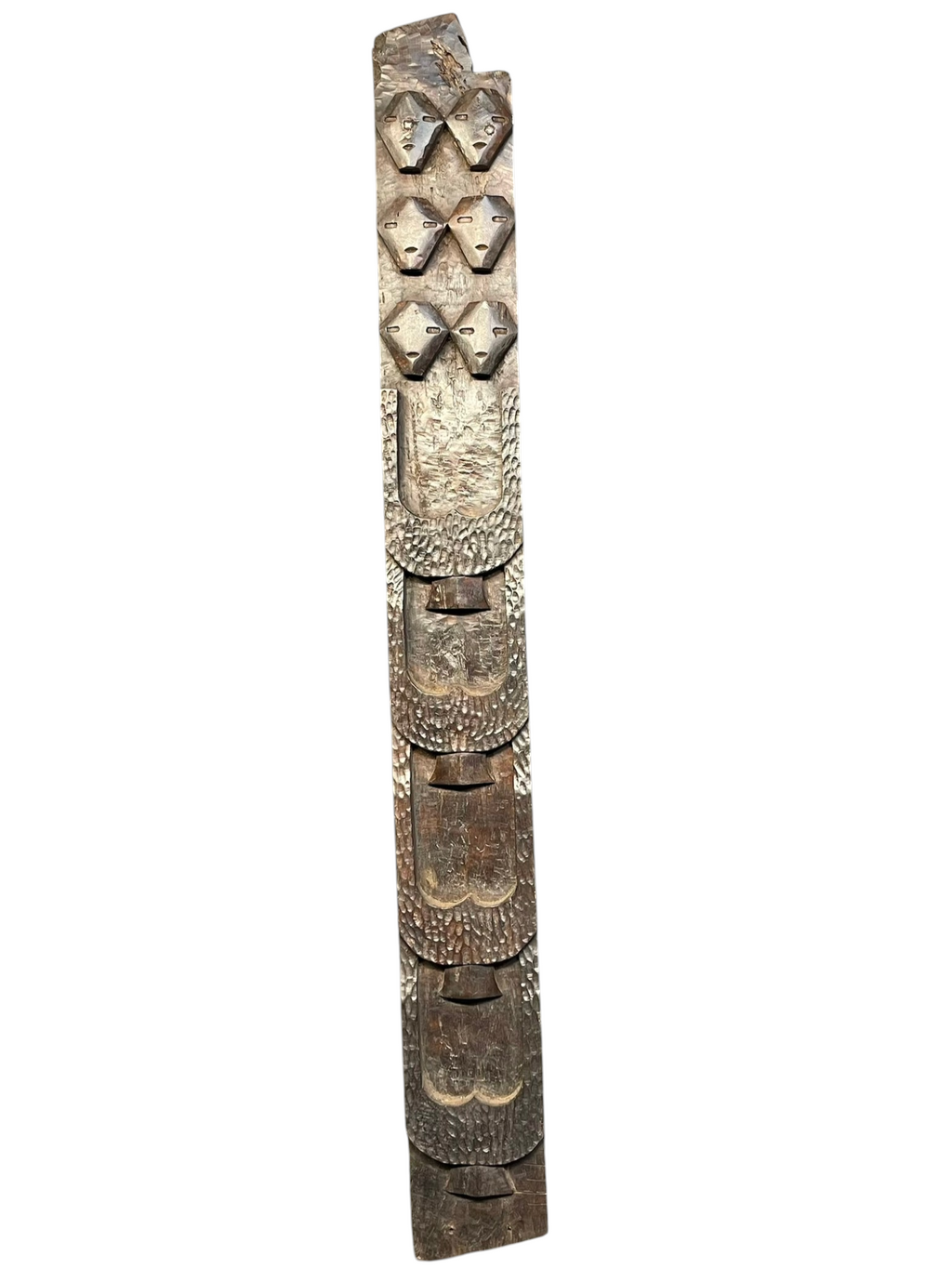 Naga Tribal Carved Panel with Six Mask Faces – Antique Wood Totem