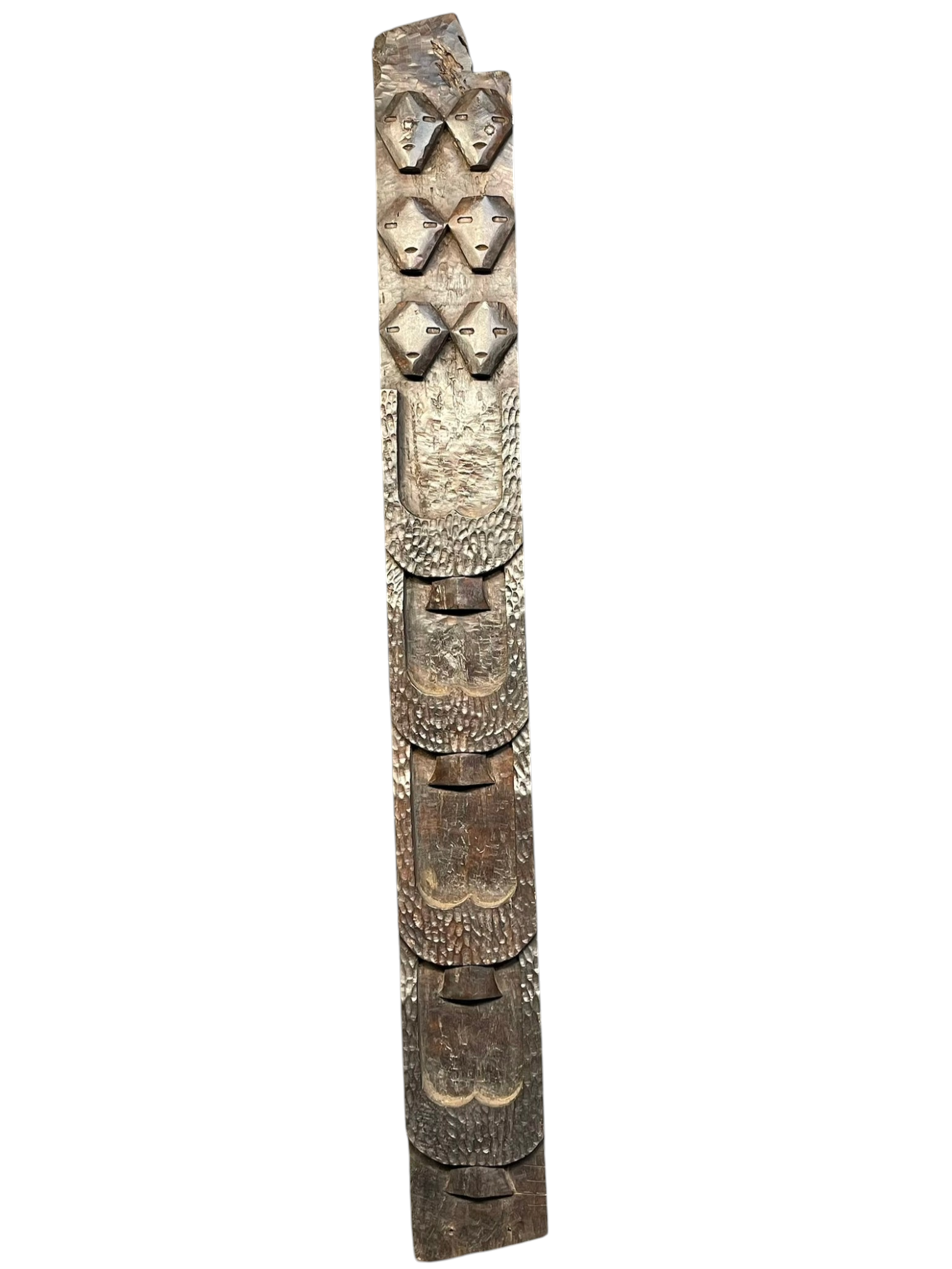 Naga Tribal Carved Panel with Six Mask Faces – Antique Wood Totem