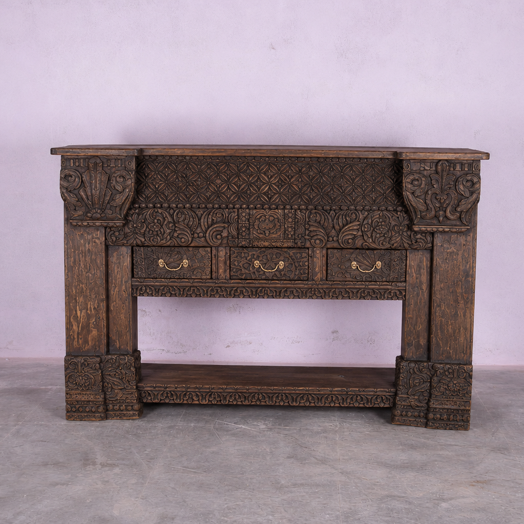 Hand-Carved Indian Console Table with 3 Drawers – Solid Wood