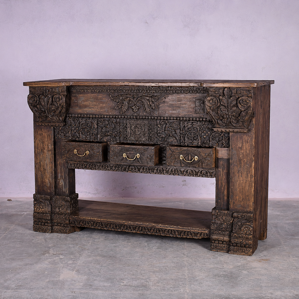 Hand-Carved Indian Console Table with 3 Drawers – Solid Wood