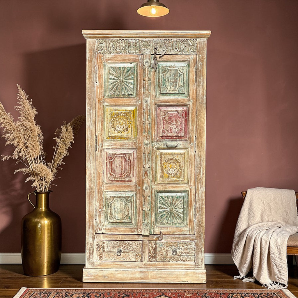 Carved Wardrobe — Multicolour Floral Panel