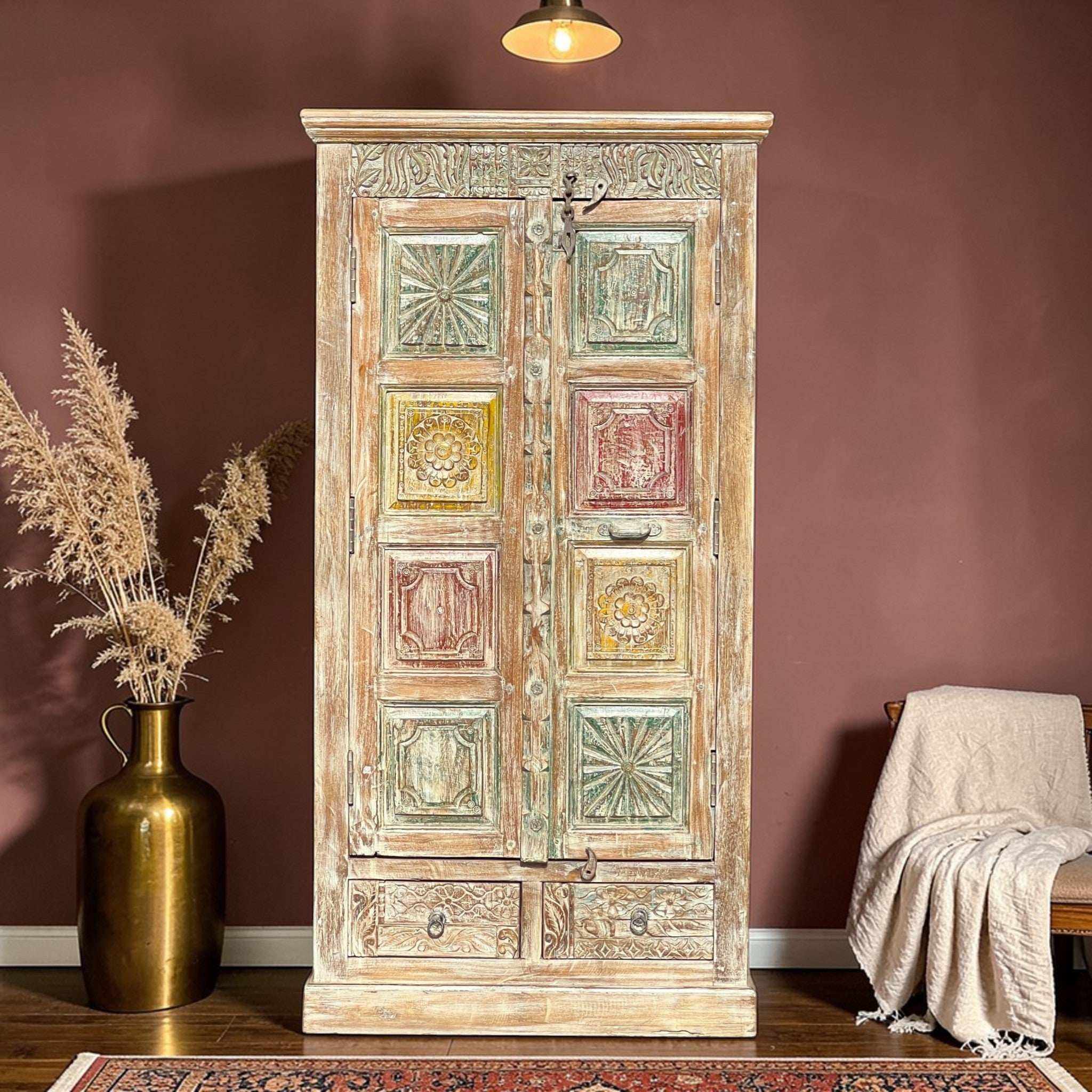 Carved Wardrobe — Multicolour Floral Panel