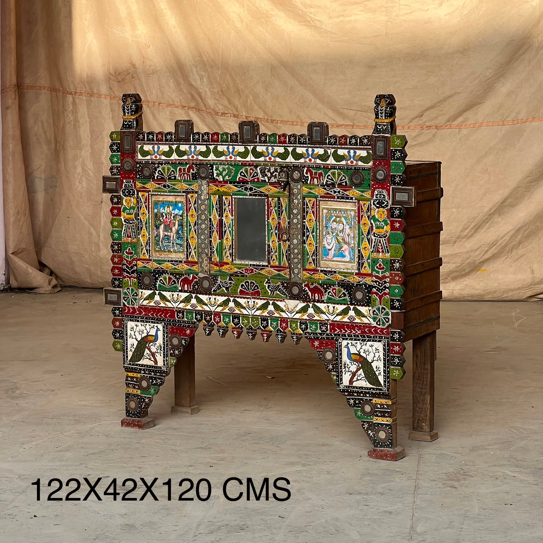 Painted Cradle Stand — Shisha Mirror & Deity Panels
