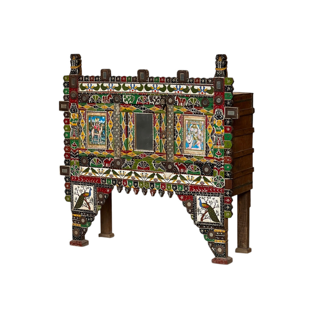 Painted Cradle Stand — Shisha Mirror & Deity Panels