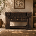 Hand-Carved Indian Console Table with 3 Drawers – Solid Wood