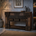 Hand-Carved Indian Console Table with 3 Drawers – Solid Wood