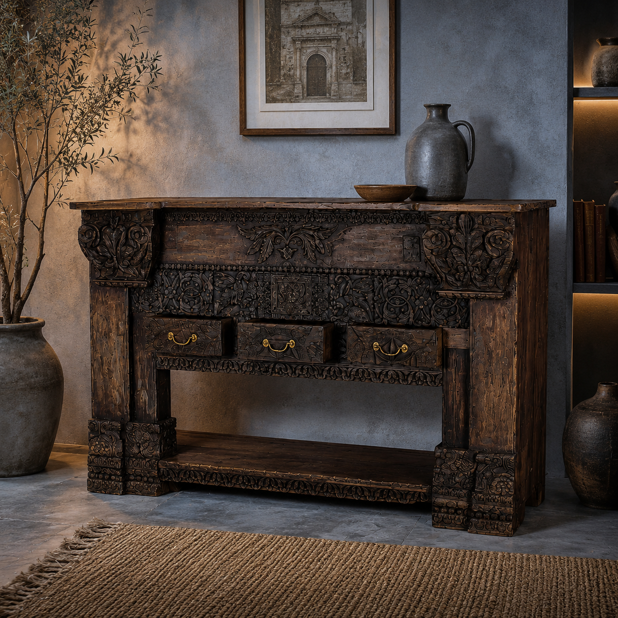 Hand-Carved Indian Console Table with 3 Drawers – Solid Wood