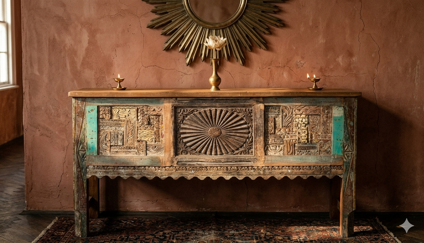 Carved Console Table – handcrafted vintage Indian decor from Jodhpur, Rajasthan