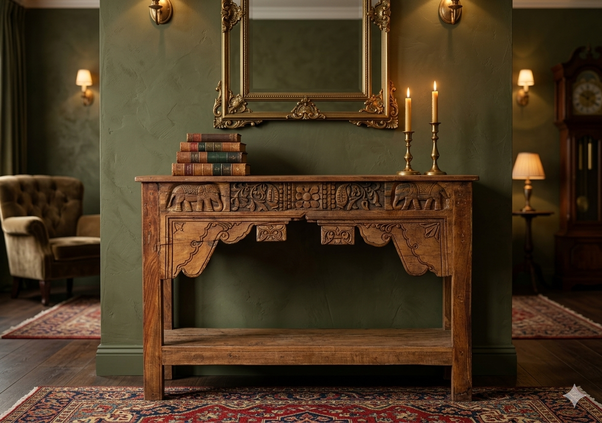 Wooden Carved Console Table – handcrafted vintage Indian decor from Jodhpur, Rajasthan