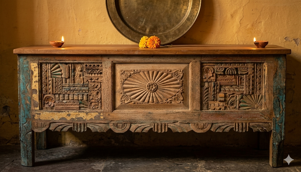 Carved Console Table – handcrafted vintage Indian decor from Jodhpur, Rajasthan