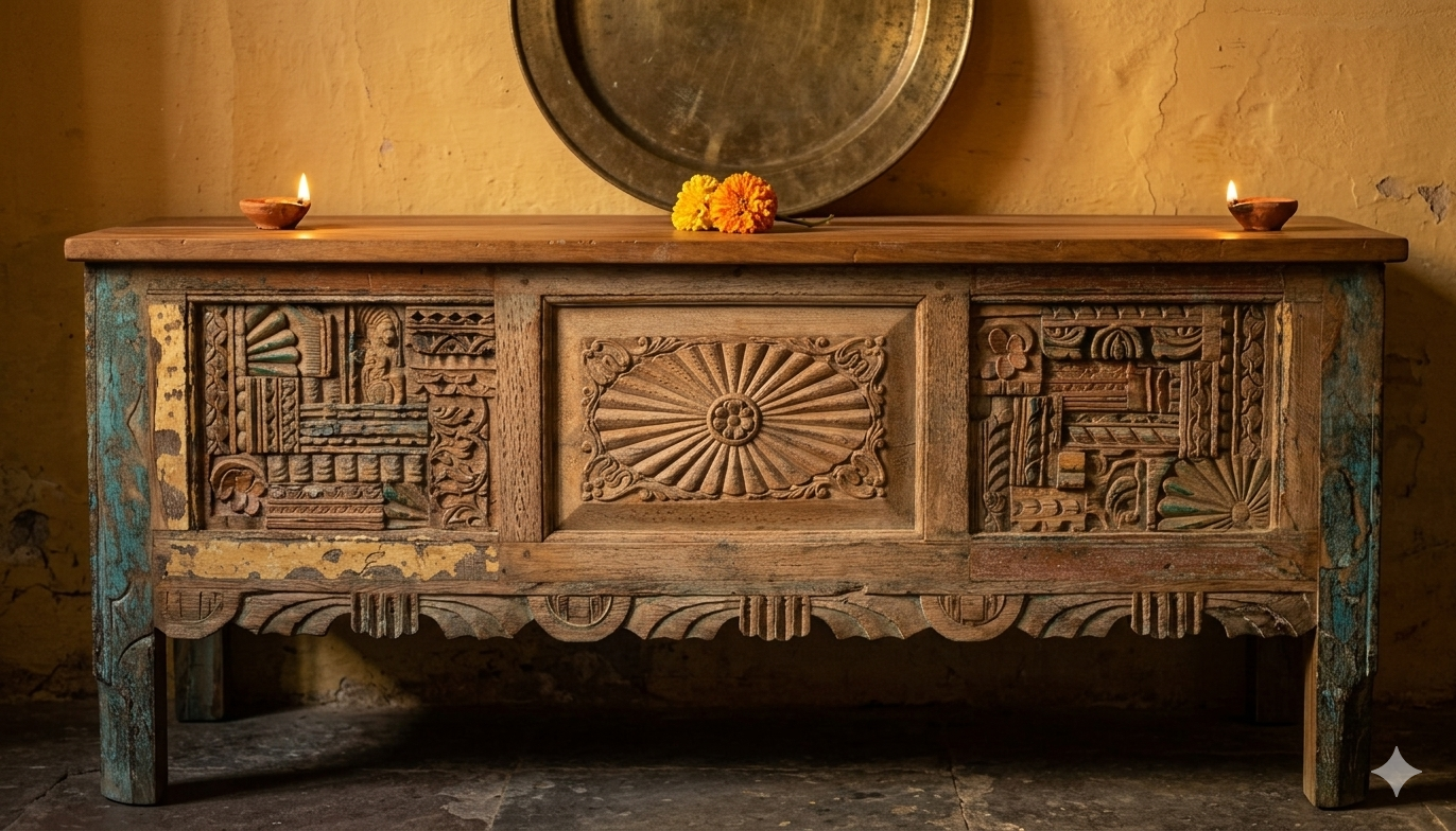 Carved Console Table – handcrafted vintage Indian decor from Jodhpur, Rajasthan