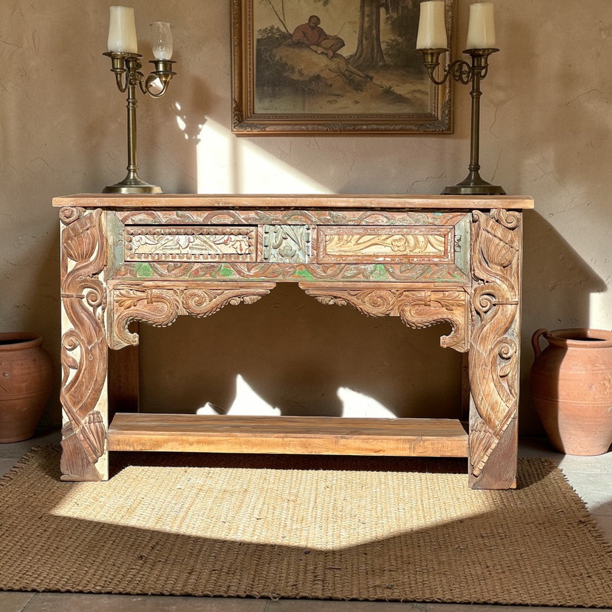 Hand Carved Vintage Wooden Console Table