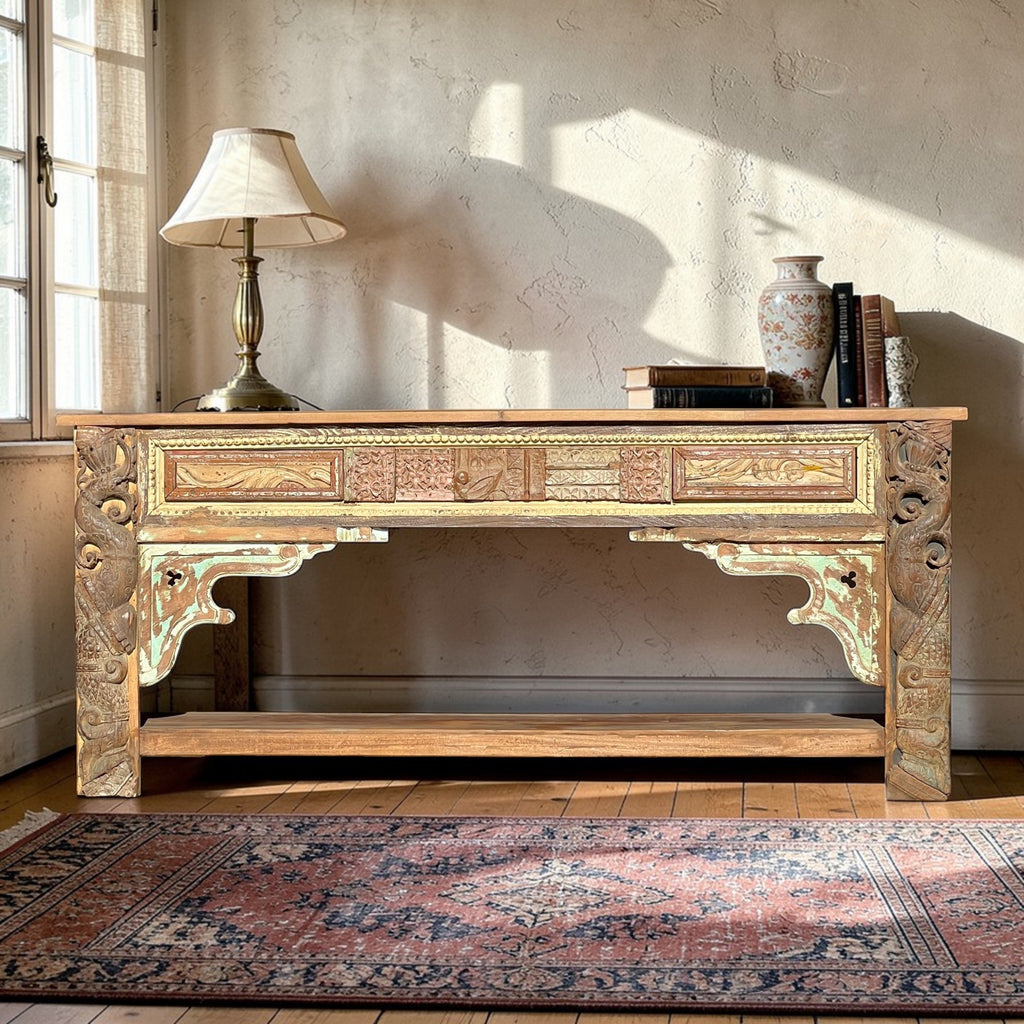Vintage Hand-Carved Wooden Console Table