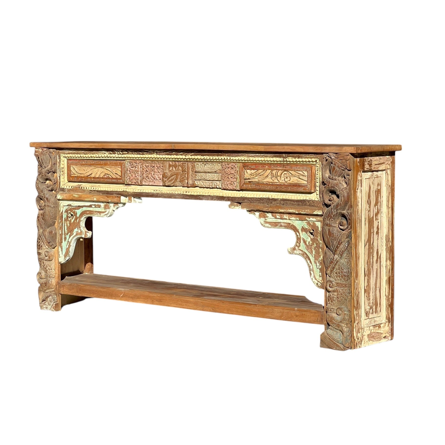 Vintage Hand-Carved Wooden Console Table