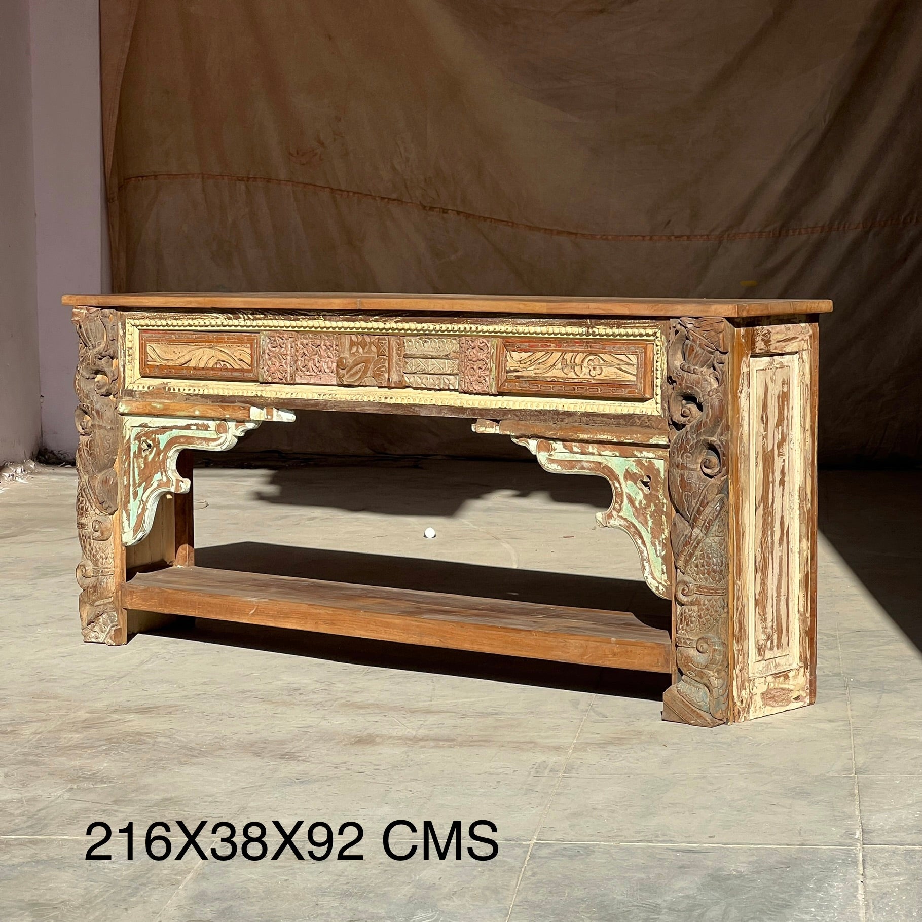 Vintage Hand-Carved Wooden Console Table