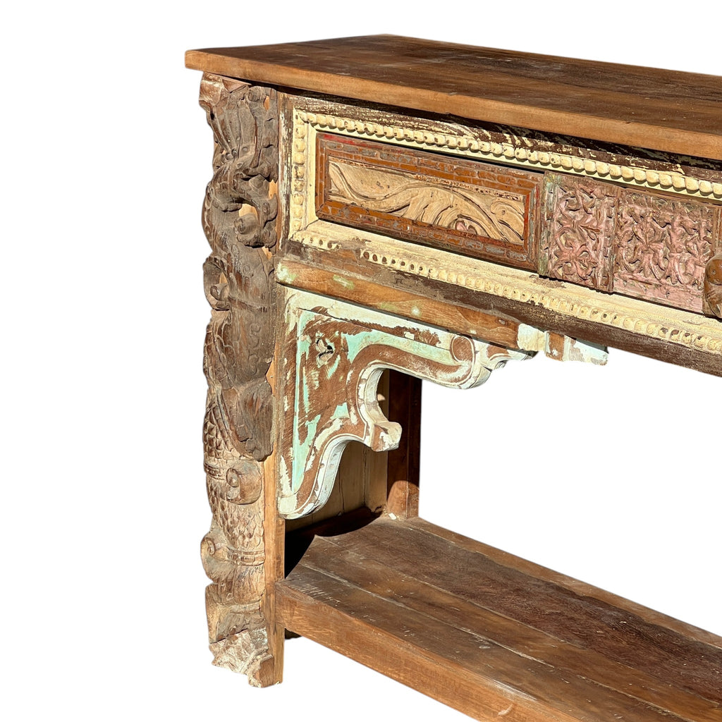 Vintage Hand-Carved Wooden Console Table