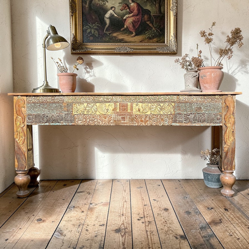 Vintage Hand-Carved Wooden Console Table